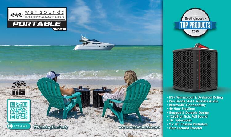 Two people relax in beach chairs by the water, with a luxury yacht in the background. A Wet Sounds Portable Bluetooth speaker is featured on the side.
